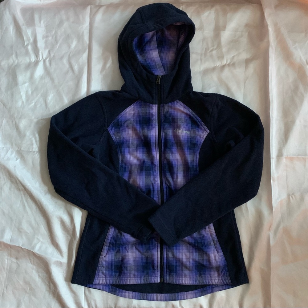 Columbia Hooded Sweater Jacket in Purple Plaid